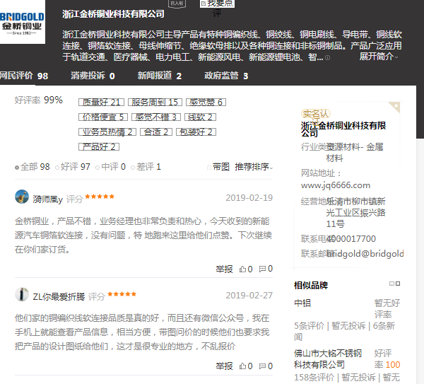 百度口碑中，客戶(hù)對(duì)金橋銅業(yè)評(píng)價(jià)